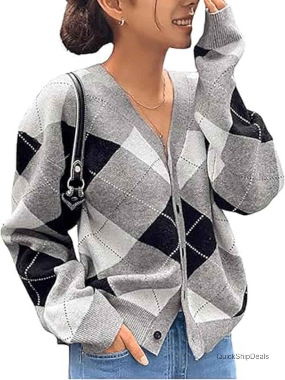 Button Down V Neck Argyle Knitted Cardigan Sweater Long Sleeve